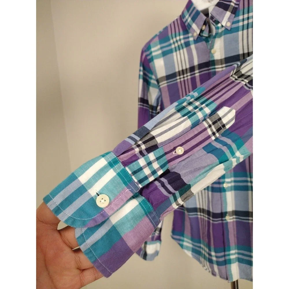 J.Crew Summer Plaid Shirt Mens Size S Purple Blue Long Sleeve Button Up